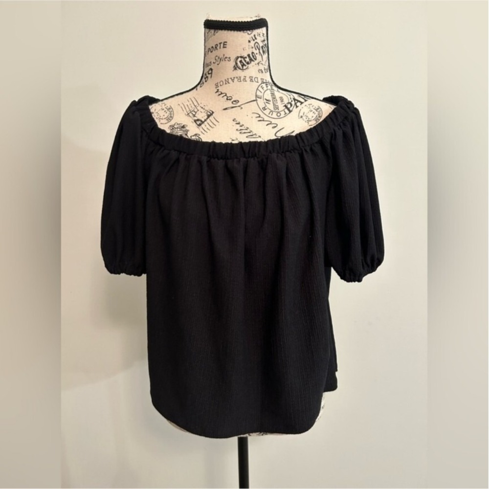 Anthropologie Black Off Shoulder Top Puff Sleeve Elastic Neckline Casual XS‎